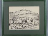 a drawing of a landscape with a mountain in the background