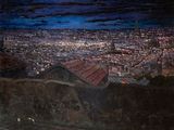 painting of a view of a city at night from a hill