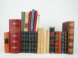 many books that are lined up together on a shelf