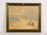une peinture à l'huile représentant une scène de plage où les vagues viennent se briser contre un mur blanc