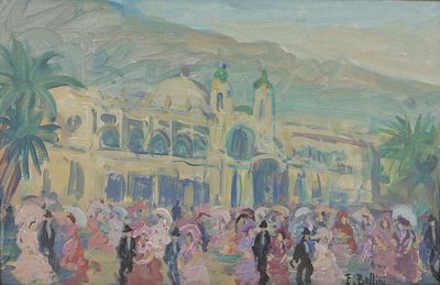 un tableau représentant une foule de personnes marchant devant un immeuble