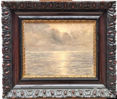 an oil painting of a sunset over the ocean with a boat in the distance