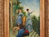 un tableau représentant deux femmes et un chien sur un balcon