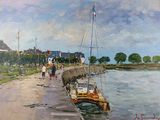 un tableau représentant un voilier amarré à un quai