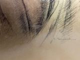a close up of a woman ' s face with a black and white picture