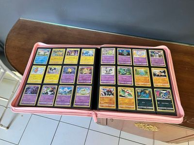 beaucoup de cartes dans un étui rose posé sur une table
