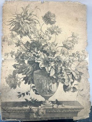 un dessin d'un vase de fleurs sur une table