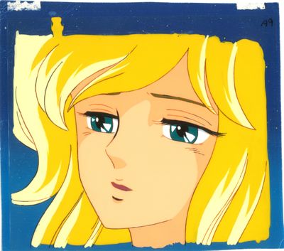 a close up of a painting of a blonde woman with blue eyes
