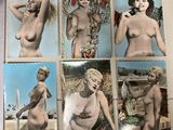 four vintage photos of women in bikinis are displayed on a wall