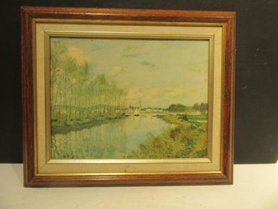 an oil painting of a river scene with trees in the background