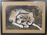 tableau représentant un chien couché par terre, dans un cadre noir