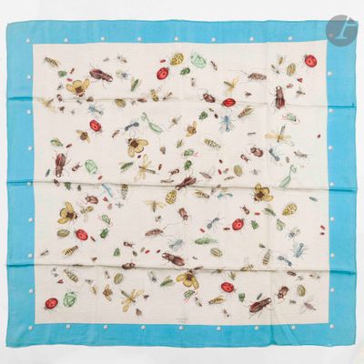 an image of a blue and white square scarf with insects on it