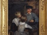 un vieux tableau représentant un homme et deux enfants devant une table