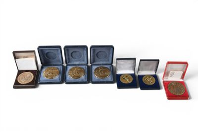 several medals and medals are lined up in a row on a white surface