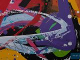 brightly colored abstract painting on a yellow background with black, red, green, blue, and white