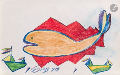 un dessin représentant un poisson et un bateau sur l'eau