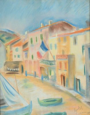 pastel painting of boats in a harbor with buildings in the background