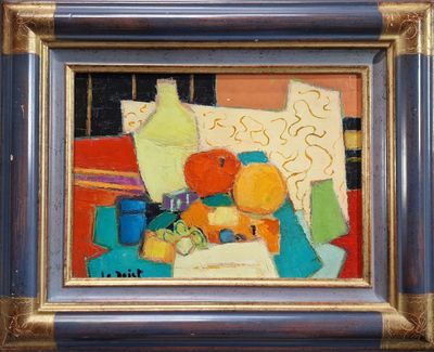 un tableau représentant une orange et une bouteille posées sur une table