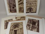 five old photographs of a building and a doorway are arranged on a table