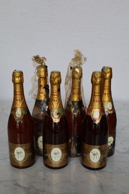 six bottles of champagne are lined up on a marble table