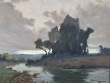 painting of a landscape with a river and trees in the foreground