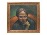 painting of a woman sitting in a chair with her hand on her chin