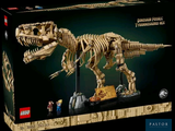 La boîte est faite de Lego et contient un squelette de T-Rex.