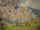a painting of a tree in a field with mountains in the background