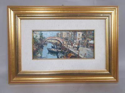 painting of a bridge over a river with people on it