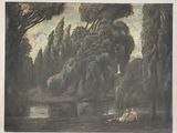 une photo d'un tableau représentant une rivière et des arbres