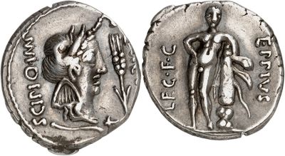 a silver coin with an image of a man and a woman on it