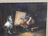 a painting of a boy and a dog in front of a easel