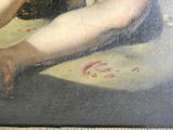 un tableau représentant une femme assise sur une table, un couteau à la main