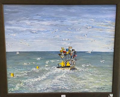 un tableau représentant un bateau en mer, avec des mouettes qui volent tout autour