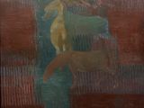 painting of a woman in a green dress with a yellow bird on her shoulder