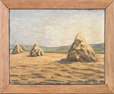 an oil painting of hay stacks in a field with a sky background