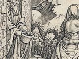 a drawing of a man and a woman standing in front of a building
