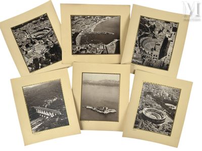 six vieilles photos en noir et blanc d'une ville et d'un lac