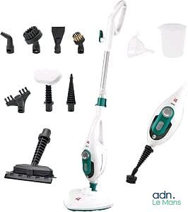 a green and white steam mop that is on display