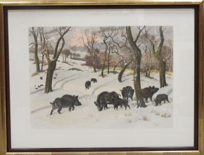 tableau représentant un troupeau de sangliers dans un paysage enneigé