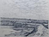dessin au crayon représentant un paysage avec une rivière et une colline au loin