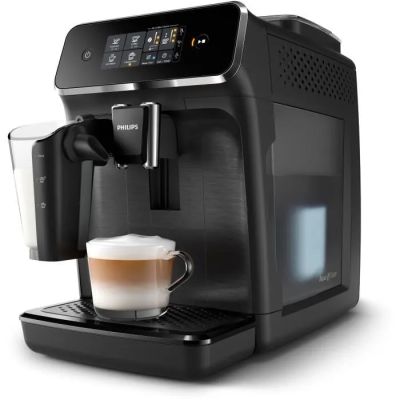 a black coffee machine with a cup of coffee in front of it