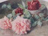 a painting of two roses in a bowl on a table
