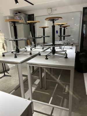 a room with tables and stools in it