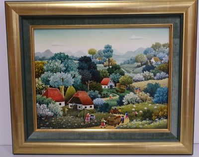 une photo d'un tableau représentant une scène de vie à la ferme