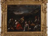une peinture à l'huile représentant un groupe de personnes et d'animaux dans un paysage
