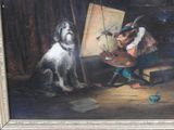 a painting of a dog sitting next to a painting easel