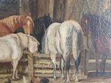 a painting of a group of horses in a stable
