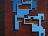 une peinture représentant un robot bleu sur un mur rouge