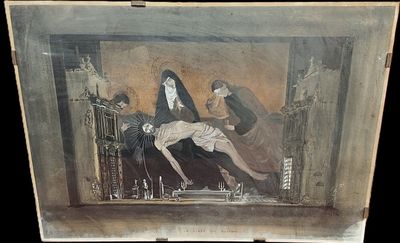 ECOLE XXè " Pieta" impression et rehauts de gouache intitulé…
